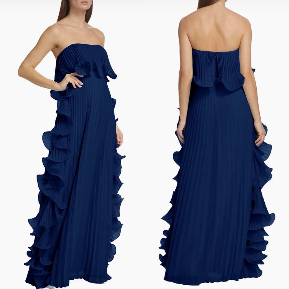 Badgley Mischka Strapless Pleated Ruffle Gown, 14
